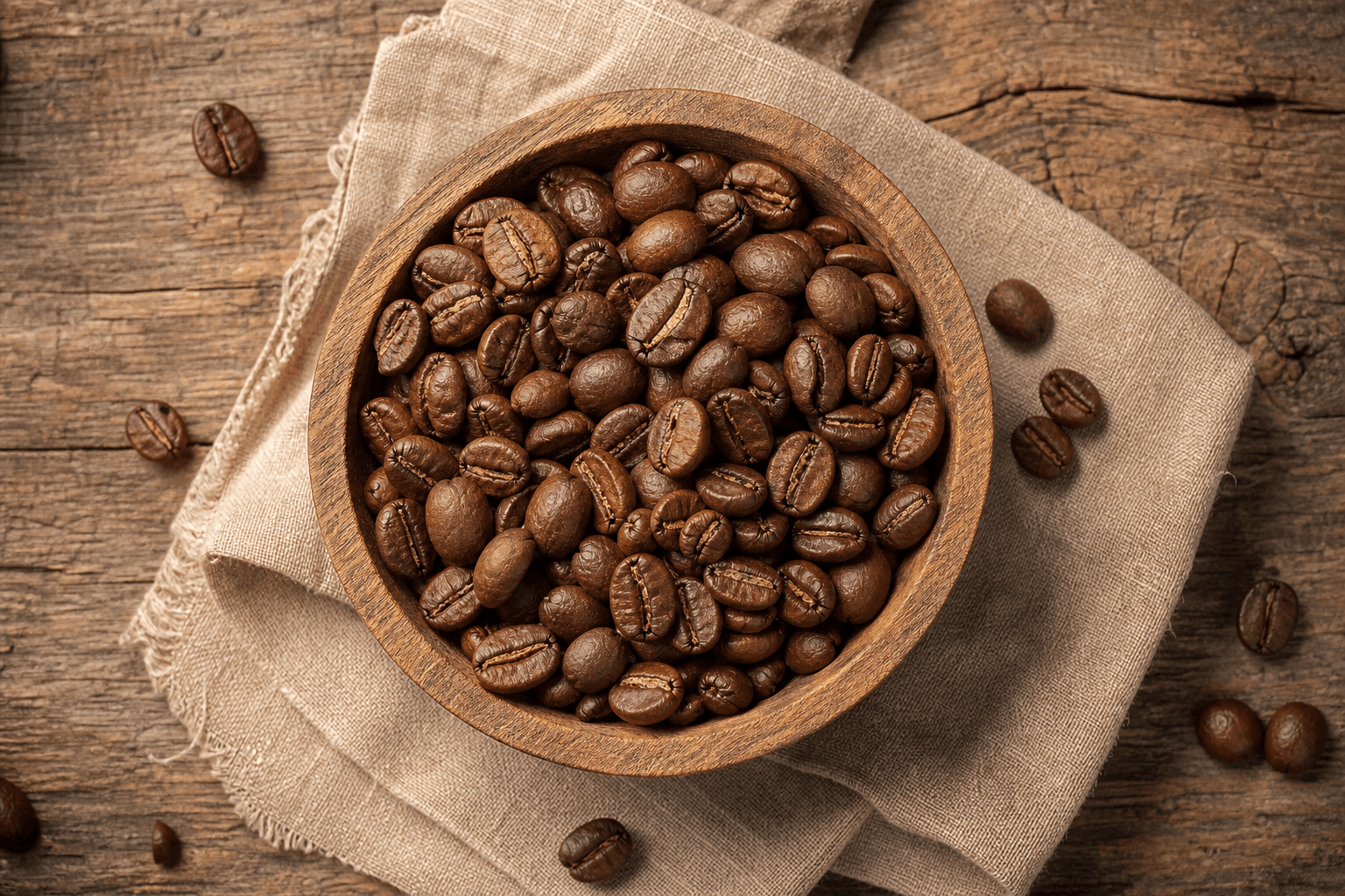 Roasted coffee beans in a wooden bowl