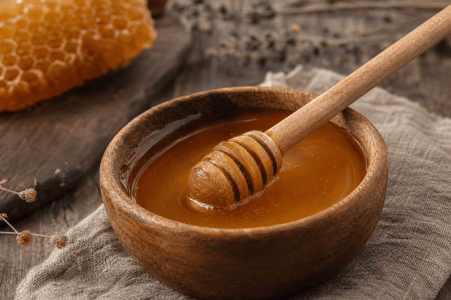 Raw natural honey in a wooden bowl with honey dipper