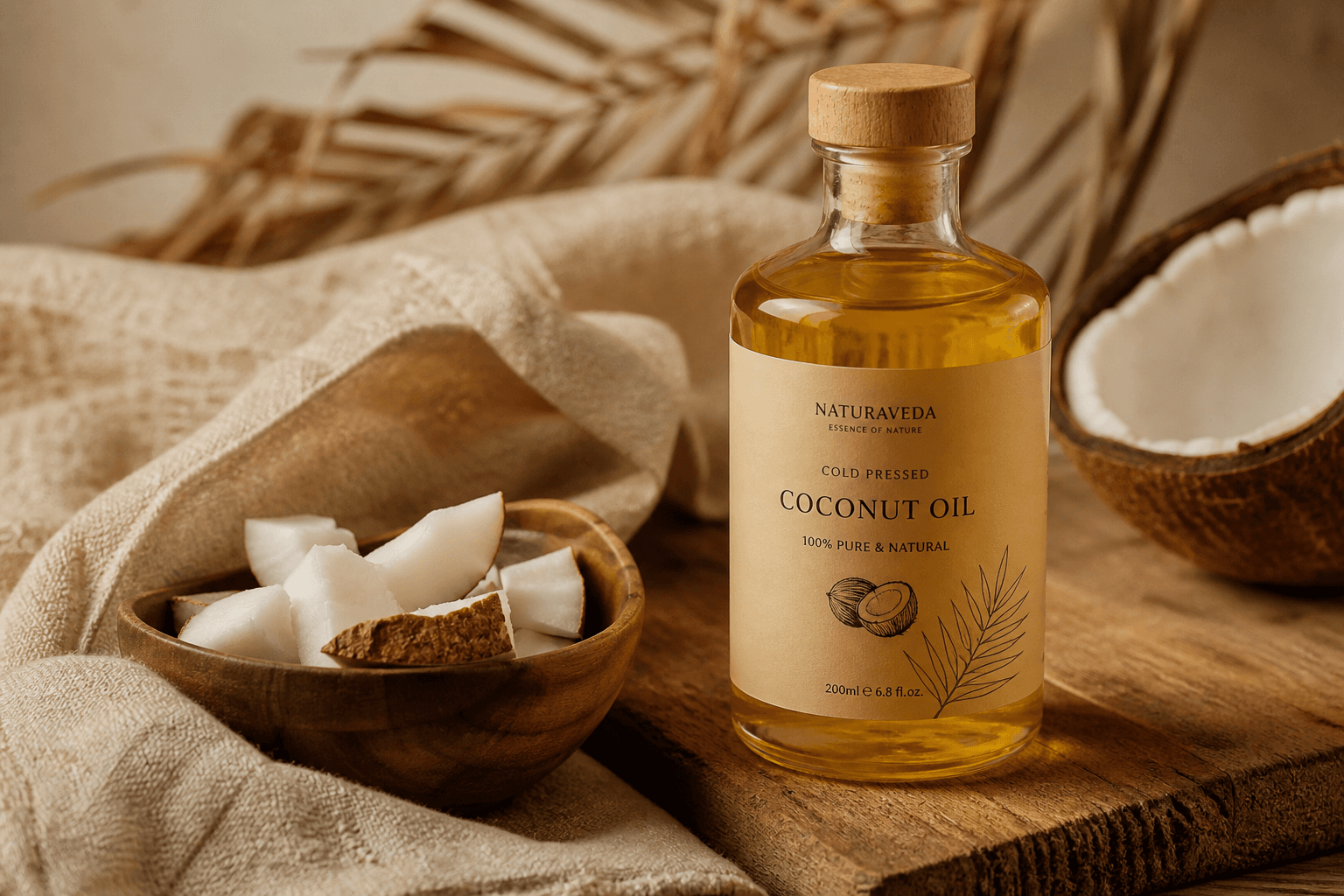 Cold pressed coconut oil with fresh coconut in a wooden bowl