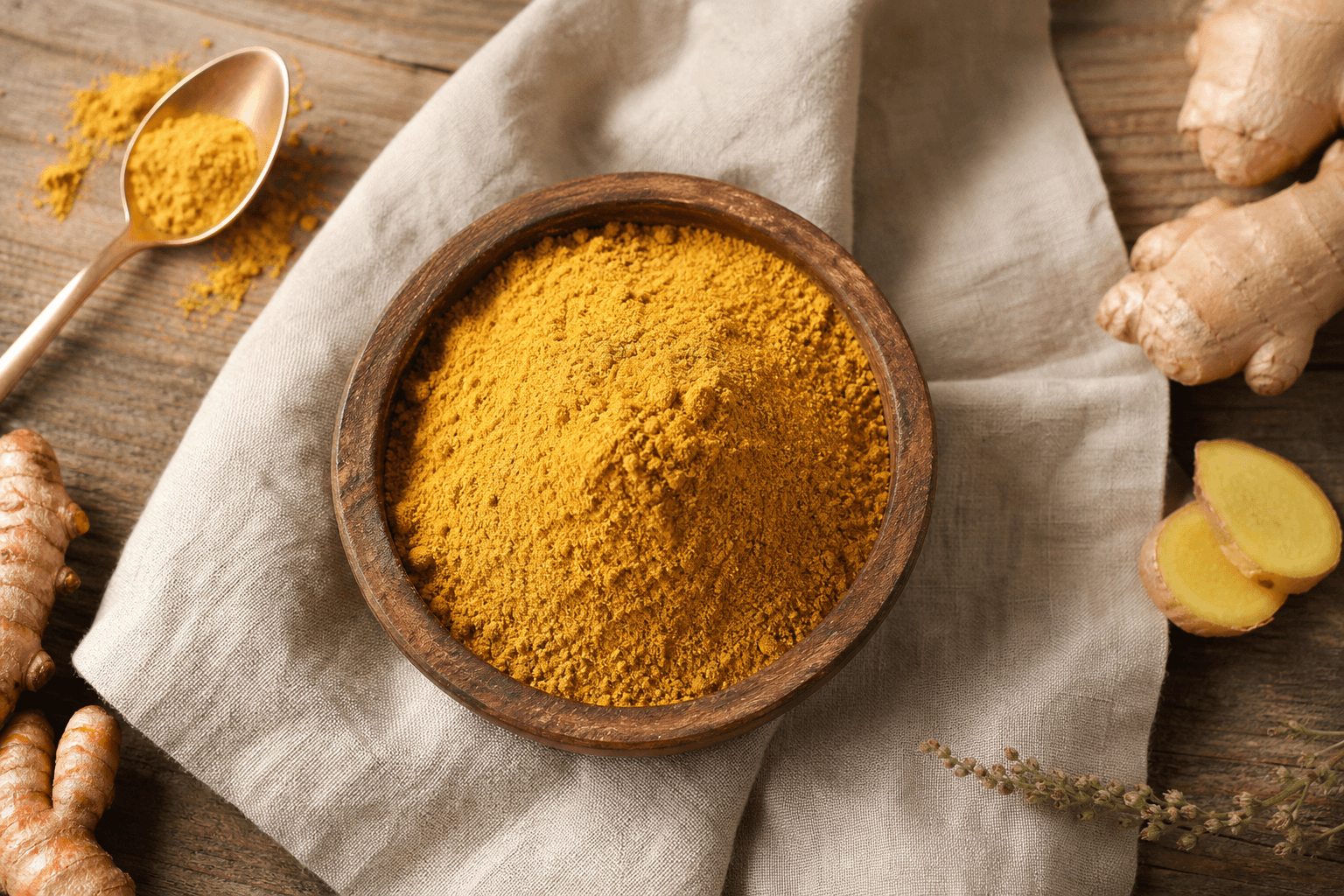 Golden spice powders in a rustic wooden bowl