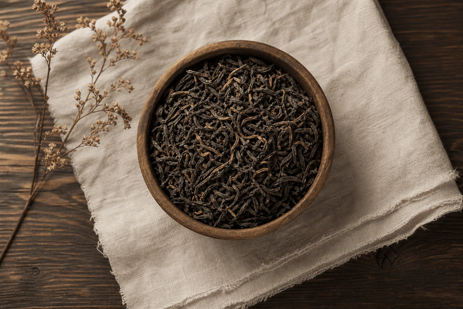 Premium loose tea leaves in a wooden bowl