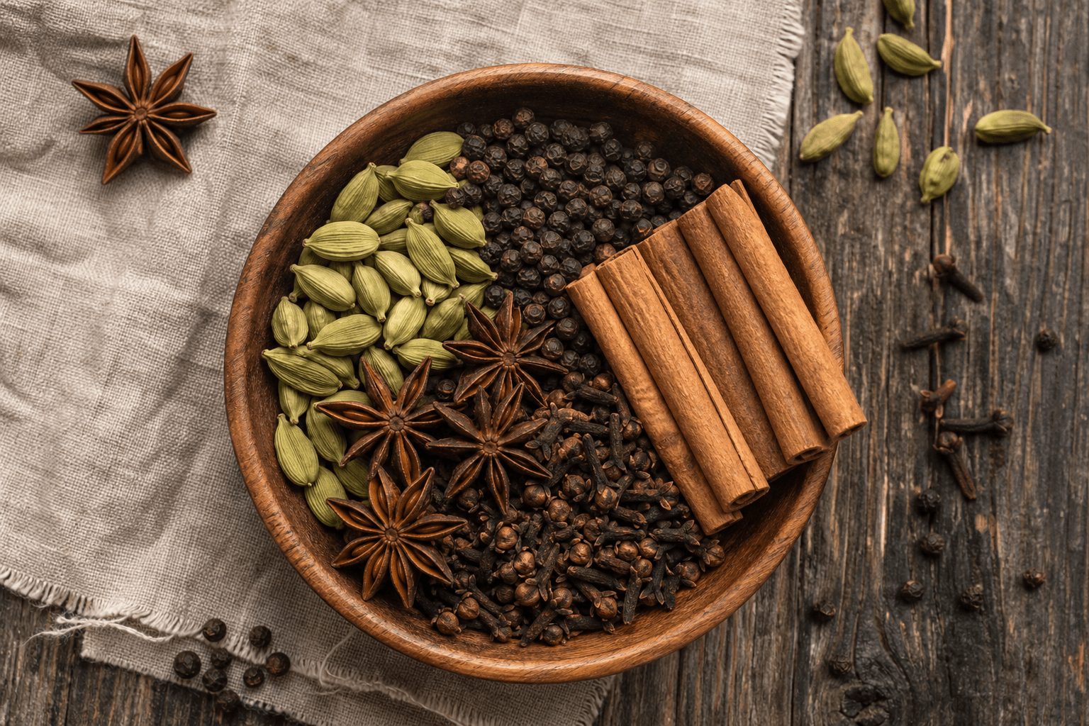 Whole spices including cardamom, pepper, and cinnamon in a wooden bowl