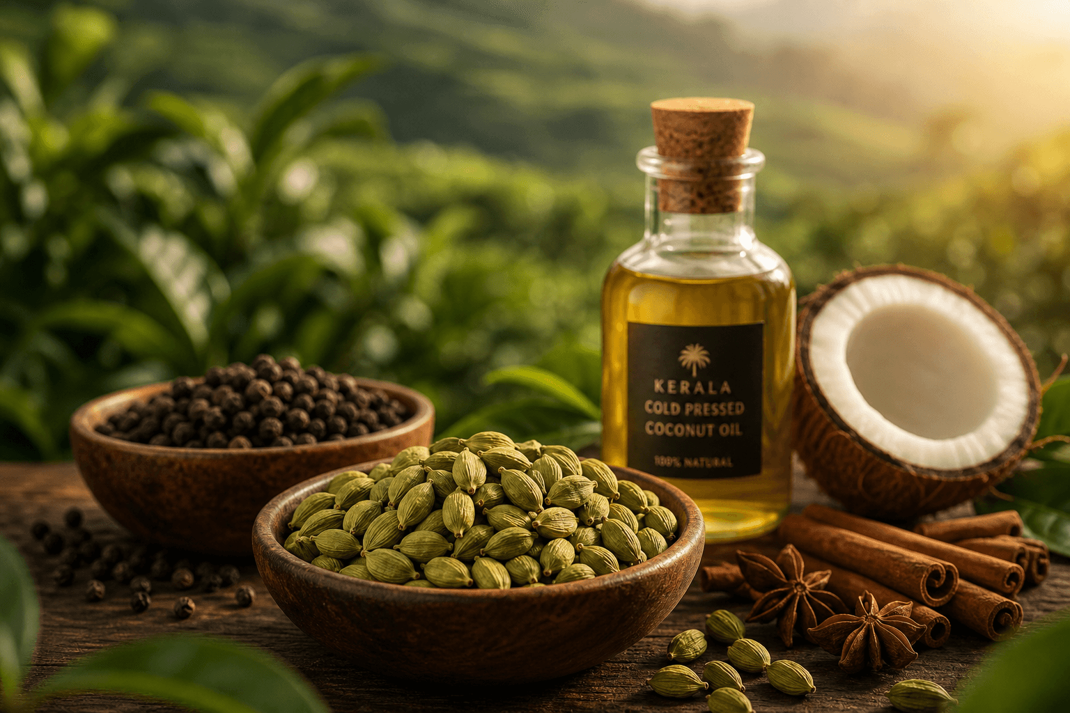 Premium Kerala spices — green cardamom, black pepper, cinnamon, star anise, fresh coconut, and cold-pressed coconut oil